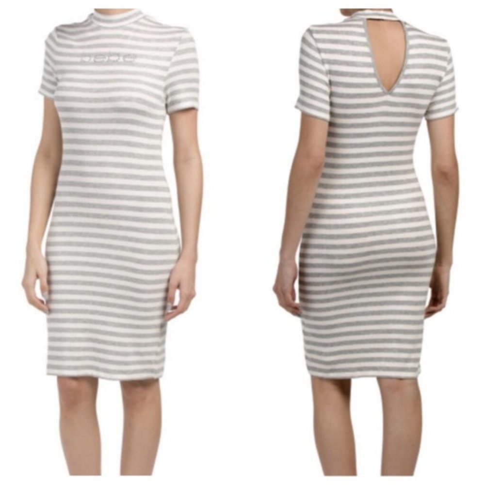 NWT BEBE Keyhole Back Striped Mini Logo Dress size S